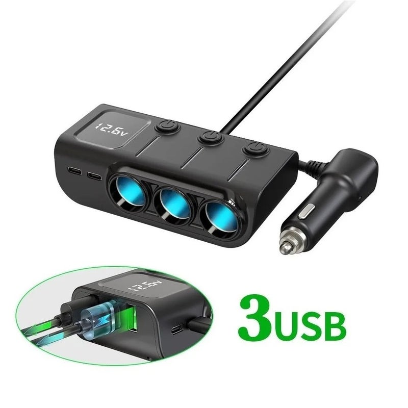 Bluejw Fast 3-Port USB Car Charger Adapter - 120W QC 3.0 PD 3A Cigarette Lighter Splitter - 12V Automobile Chargers with 3 Sockets - Image 1